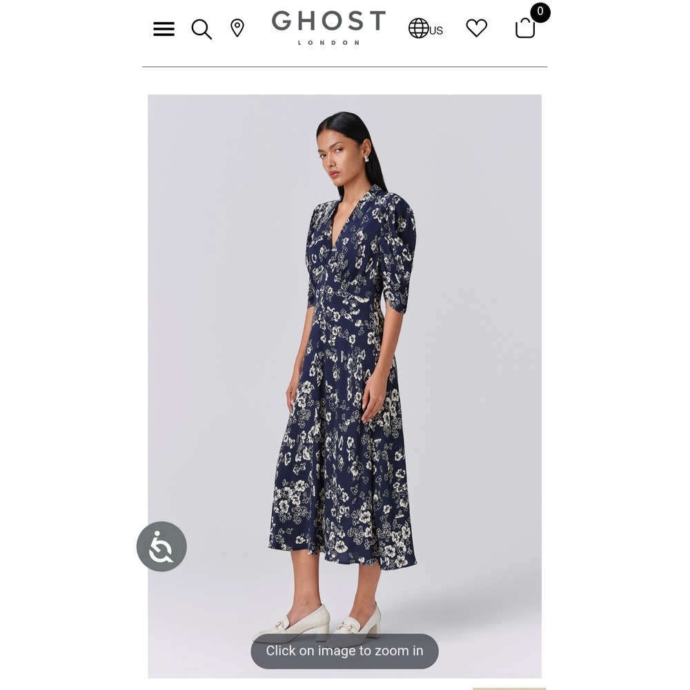 Ghost London Mia Floral Crepe V Neck Midi Dress Navy Blue D11G045 US 8 NEW